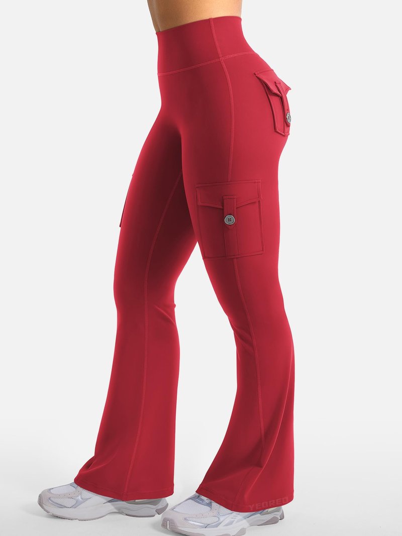 YEOREO CoreFlex Women Workout Flare Leggings with Pockets Hidden Scrunch High Waisted Cargo Gym Yoga No Front Seam Leggings 30" Inseam Red L