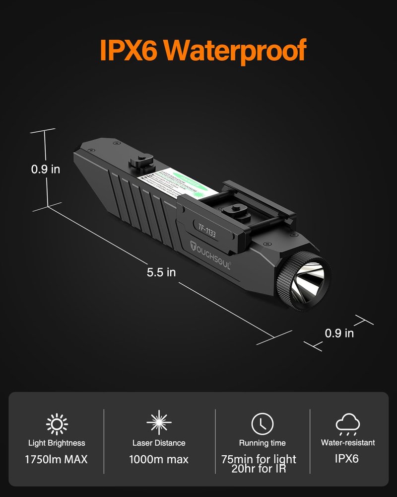 TOUGHSOUL Tactical Flashlight Green Laser Sight Combo, 1750 Lumen Picatinny Rail MLOK Mounted Rechargeable Rifle Flashlight (Green Laser)