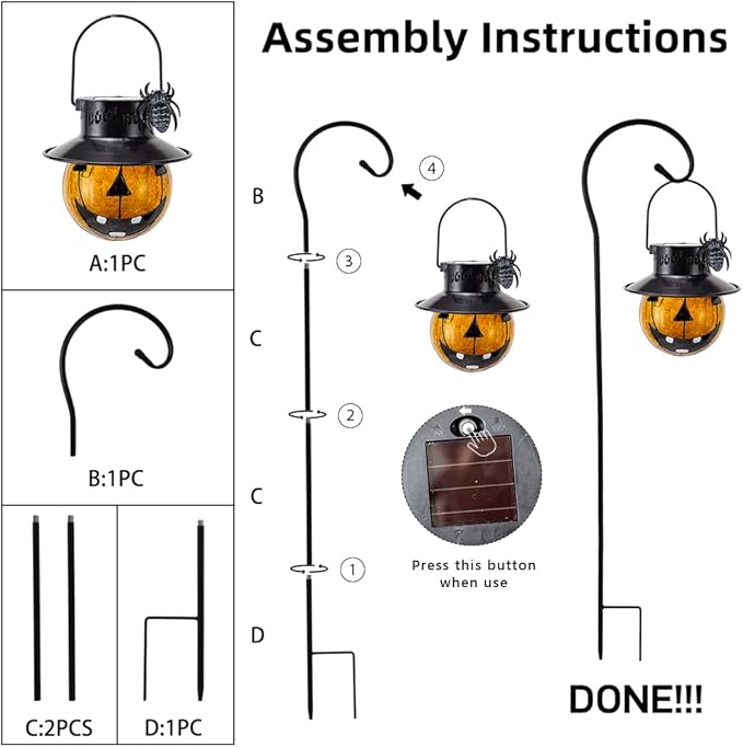 Viveta 2 Pcs Halloween Lights with Shepherd Hooks, Solar Lanterns Outdoor Waterproof for Halloween Decorations Outdoor Patio Yard Lawn