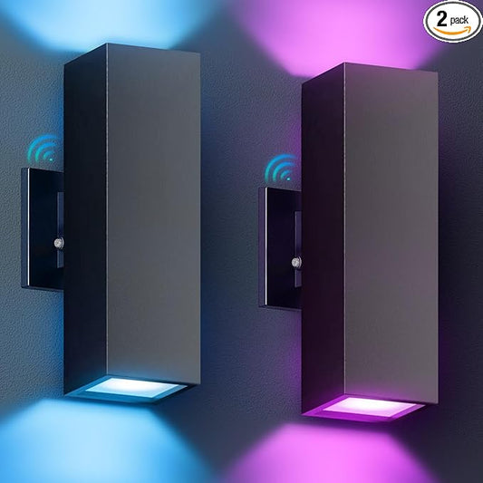 KIZON Smart Outdoor Wall Lights 2 Pack, RGB Dusk to Dawn Outdoor Lighting Waterproof Exterior Lighting Fixtures, Black Sconce Color Changing Porch Lights Up and Down Lights, ETL Listed