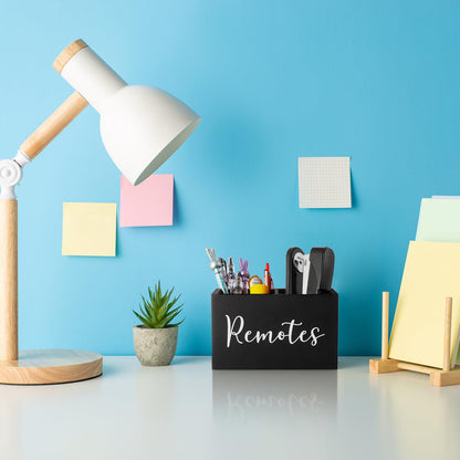 DRASTAR Remote Control Holder, TV Remote Holder, Remote Organizer Caddy for Table, Wooden Remote Box for Nightstand, Black Remote Caddy with 2 Slots