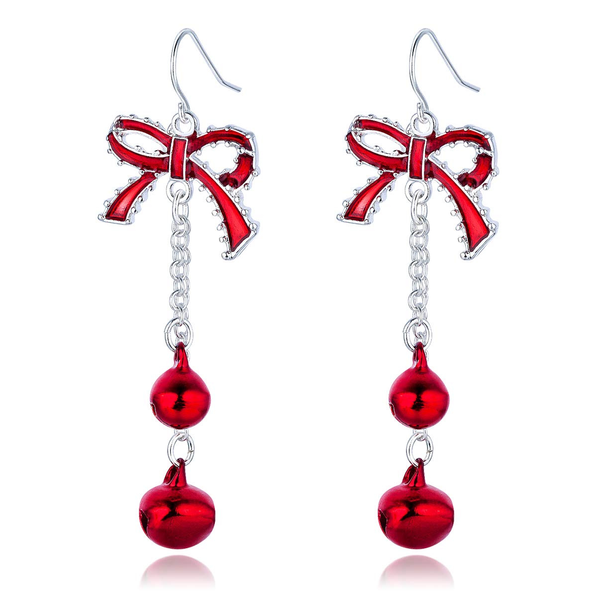 Lightweight Christmas Red Bow Knot Piercing Dangle Earrings Jingle Tassels Silver Plated Women Holiday Gift