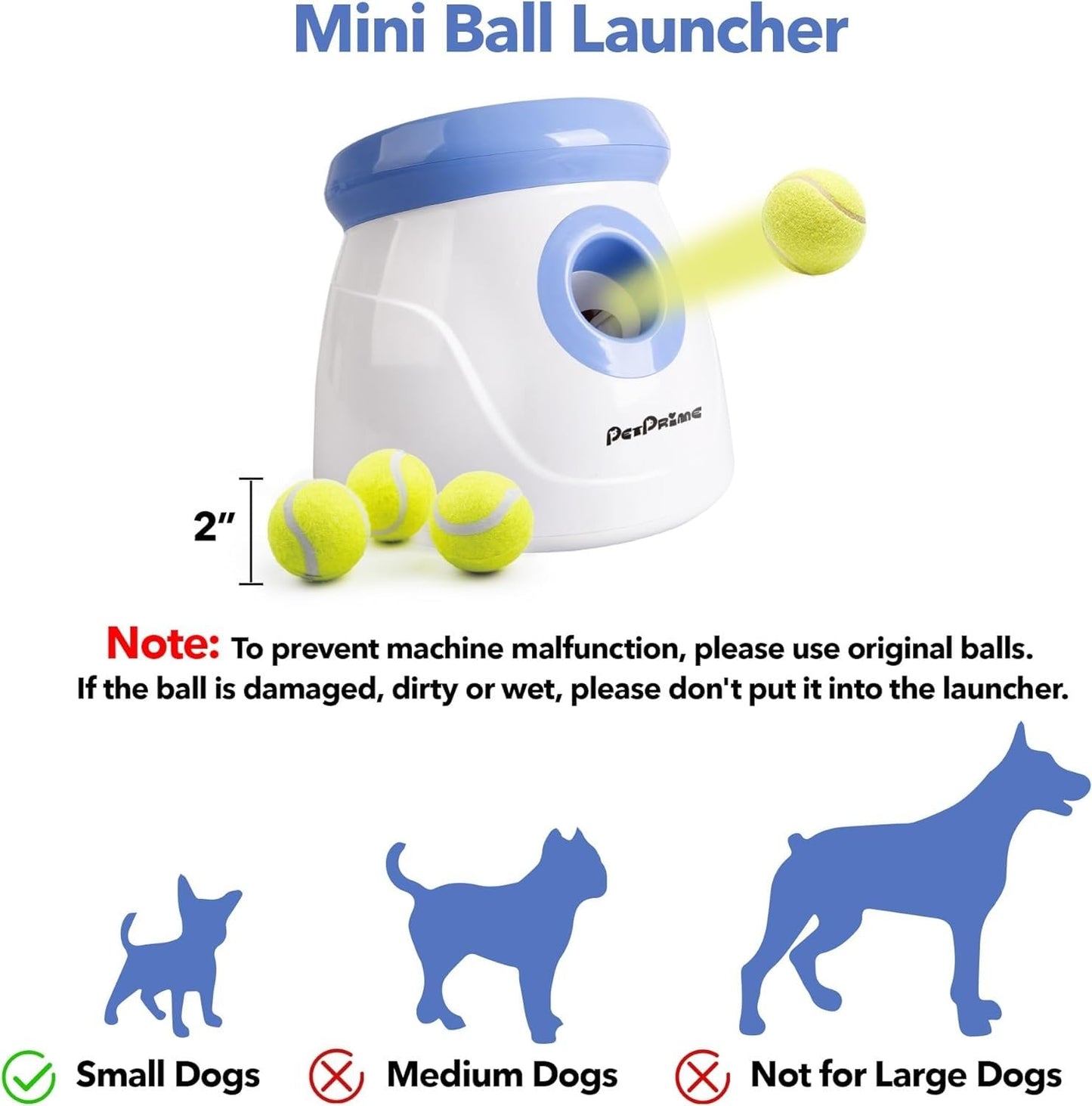 Pet Prime Automatic Dog Ball Launcher, Dog Ball Thrower with 10-30 Ft Launch Distance, Interactive Puppy Pet Fetch Toy, Mini Ball Throwing Machine for Small and Medium Dogs, With 3 PCS 2" Tennis Balls