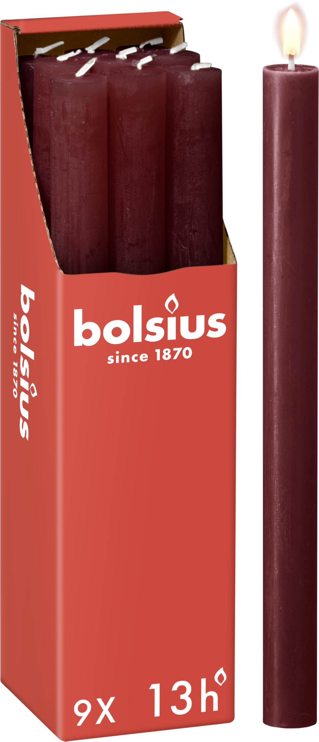 Bolsius Rustic Dinner Candles - Dark Red - Pack of 9 - Long Burning Time of 13 Hours - Interior Decoration - Unscented - Includes Natural Vegan Wax - 27 x 2.3 cm