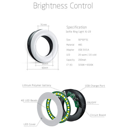 XINBAOHONG Selfie Ring Light Rechargeable Portable Clip-on Selfie Fill Light with 40 LED for Smart Phone Photography, Camera Video, Girl Makes up (White)