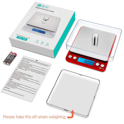 Brifit Pocket Scale, 500g x 0.01g High Precision Scale with 100g Weight, Mini Kitchen Scale with Backlit, 2 Trays, Jewelry Scale with Tare and PCS Function, Stainless Steel, Battery Included (Red)