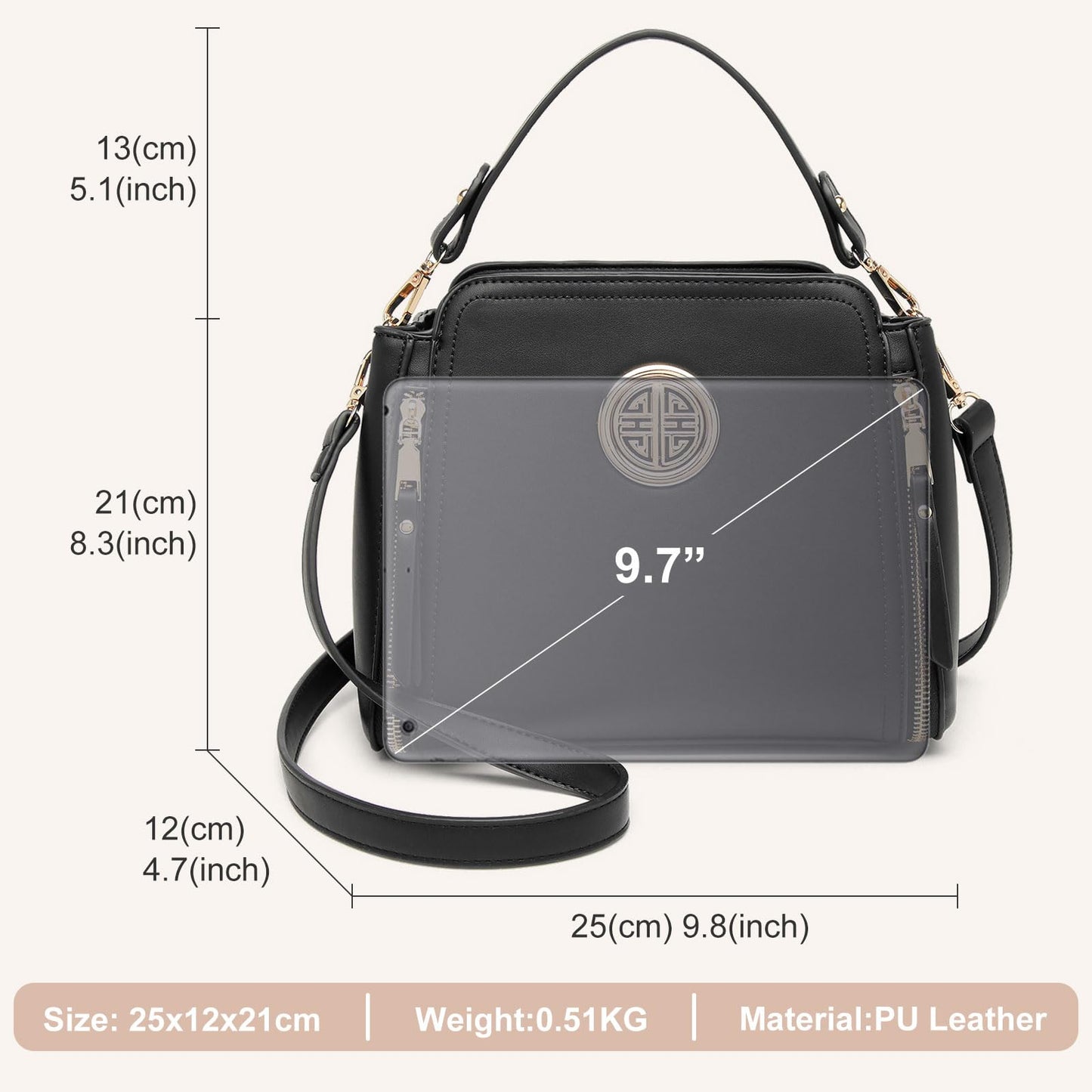 Miss Lulu Handbags for Women Cross Body Bag Girls Fashion Shoulder Bag PU Leather Top Handle (Black)