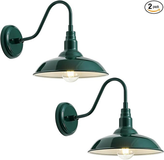 10in Outdoor Gooseneck Barn Light Wall Mount, Green Exterior Farmhouse Porch Lights with White Interior Small Dome Outdoor Patio Gooseneck Wall Sconce Garage Lighting for House, Cabin