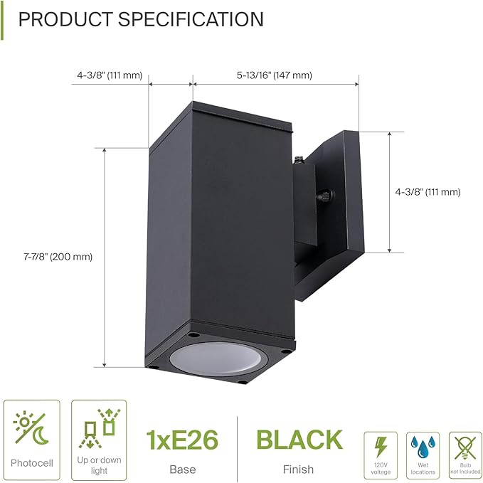 ASD 1 Light Square Dusk to Dawn Outdoor Wall Light Fixture | 60W E26 Socket 120V ETL Cylinder Up Down Lights | LED/CFL/Incandescent Bulb Exterior Wall Sconce | Front Door, Porch, Patio | Black, 6 Pack