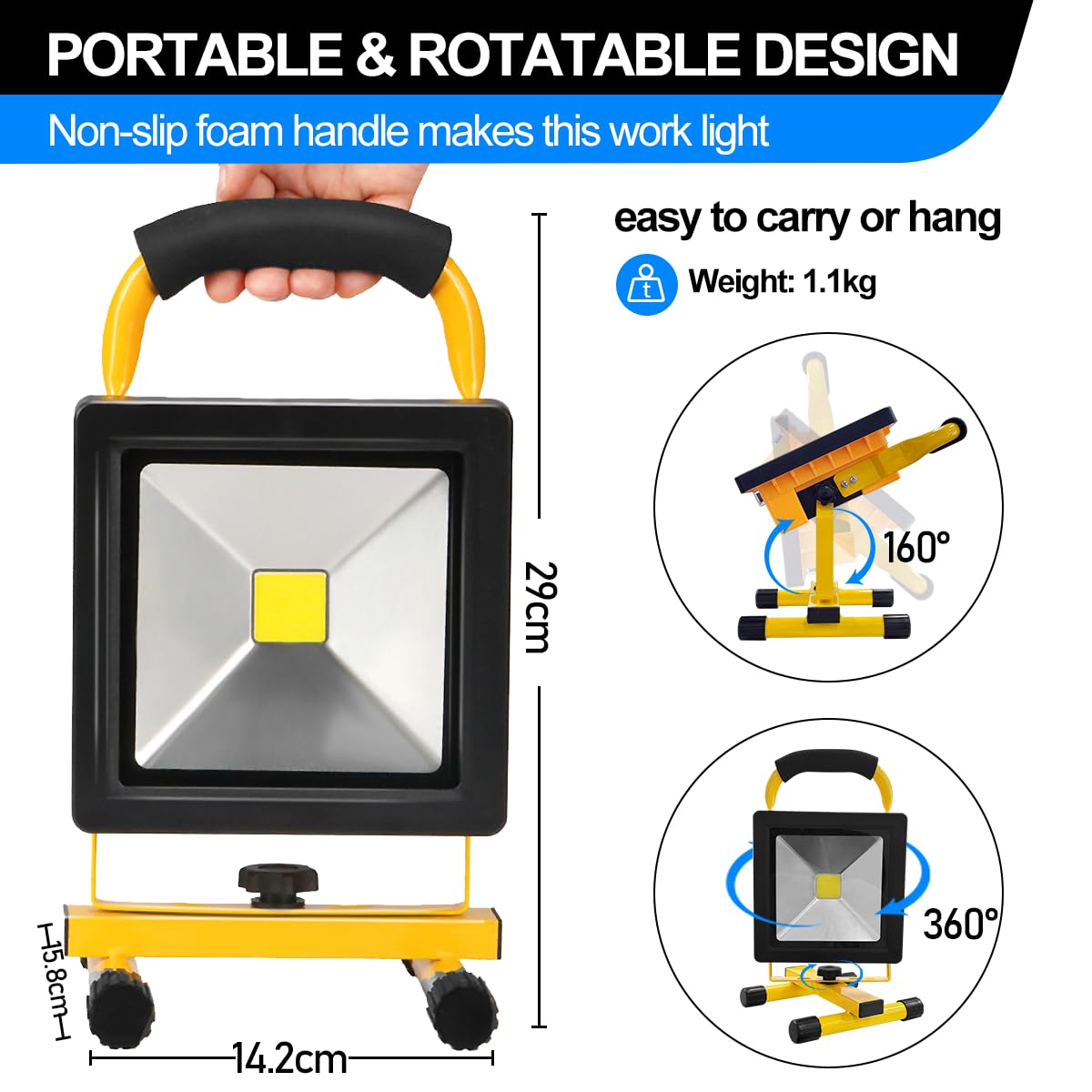 20W LED Rechargeable Work Light Super Bright 3000LM Portable Battery Floodlight Outdoor Battery Security Job Light IP65 Waterproof for Garage Garden Fishing Camping Car Repair BBQ