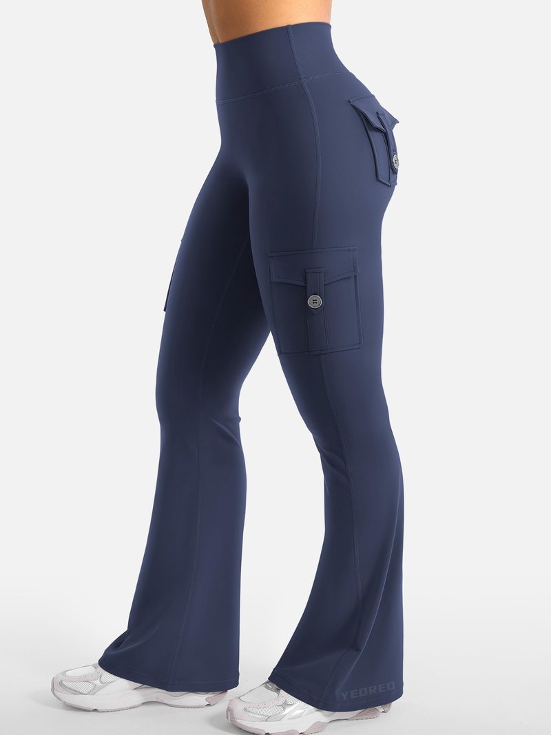 YEOREO CoreFlex Women Workout Flare Leggings with Pockets Hidden Scrunch High Waisted Cargo Gym Yoga Leggings Navy L