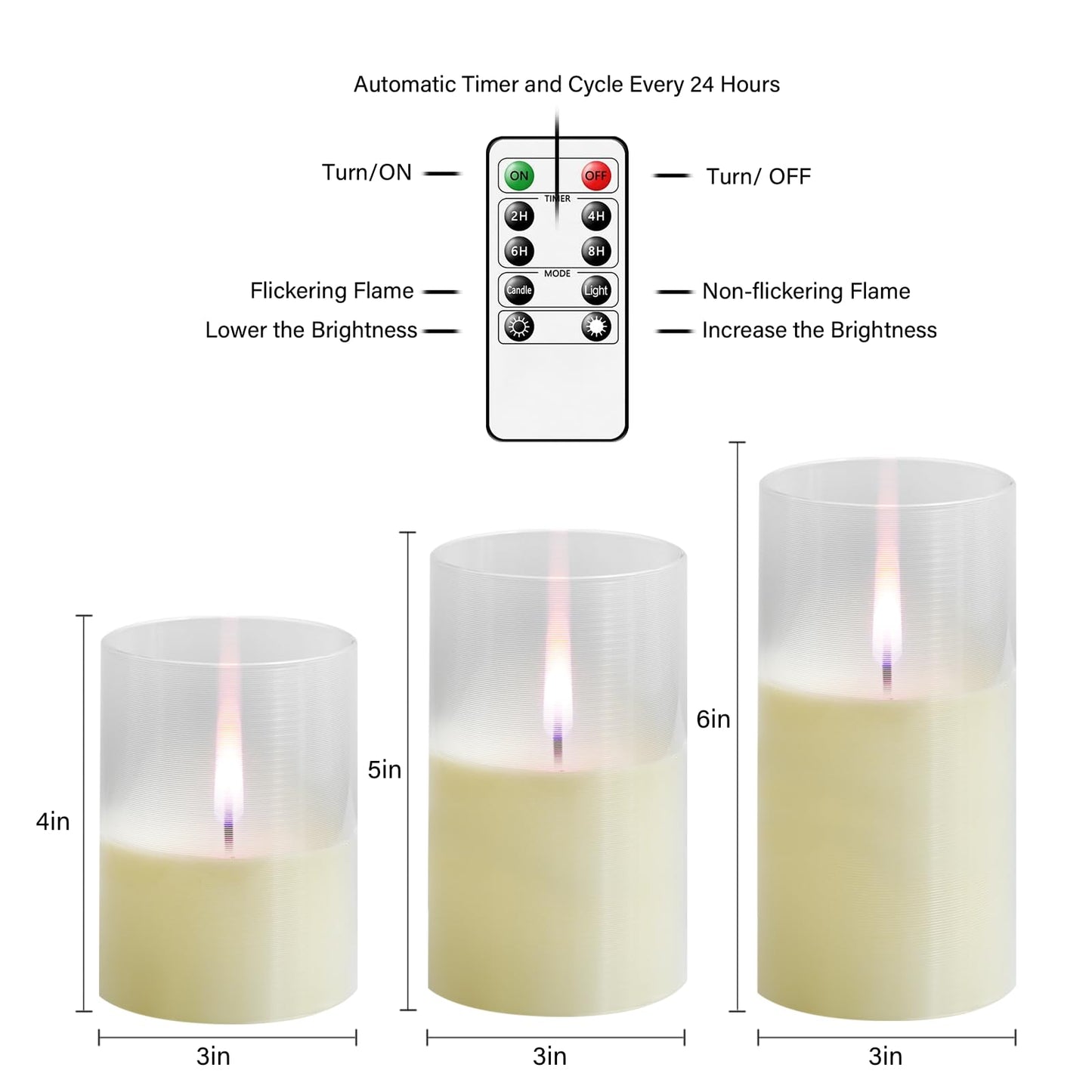 kakoya Flameless Candles Upgraded Realistic Flickering Flame,Battery Operated LED Candles with Remote Timers,Acrylic Electric Candles Set of 3(D 3" xH 4" 5" 6")（Ivory）