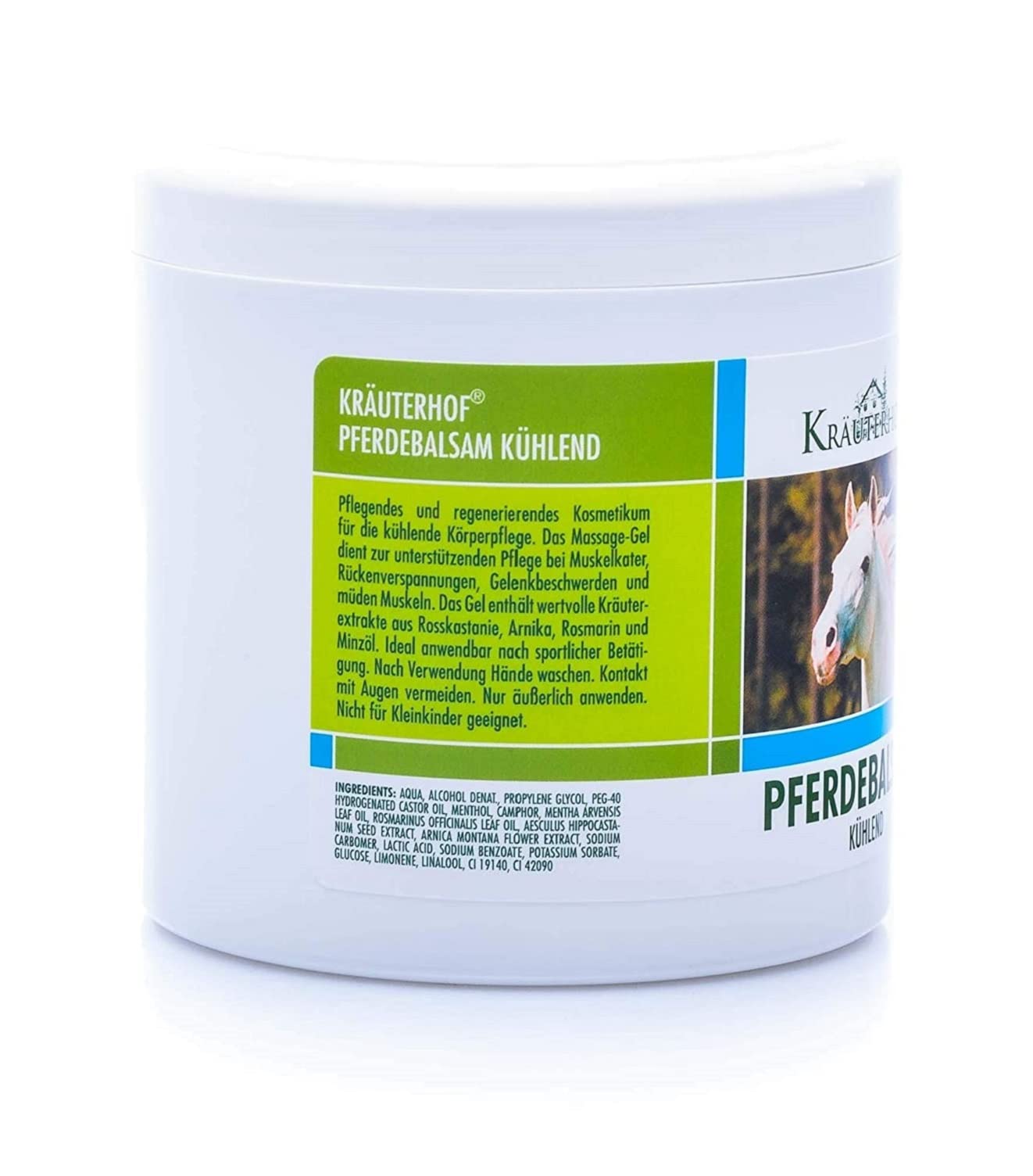 Kräuterhof Horse Balm Cools and Revitalises Precious Herbal Extracts from Horse Chestnut Arnica Rosemary and Mint Oil 500 ml Tub Sealed with Aluminum Foil