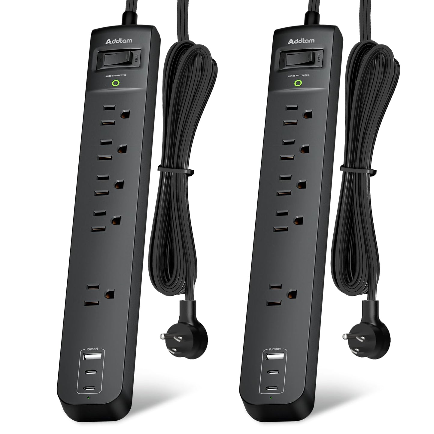 2 Pack Power Strip Surge Protector - 5 Widely Spaced Outlets 3 USB Charging Ports, 1875W/15A 6Ft Braided Extension Cord, Flat Plug Overload Protection, Wall Mount for Home Office Dorm Room Essentials