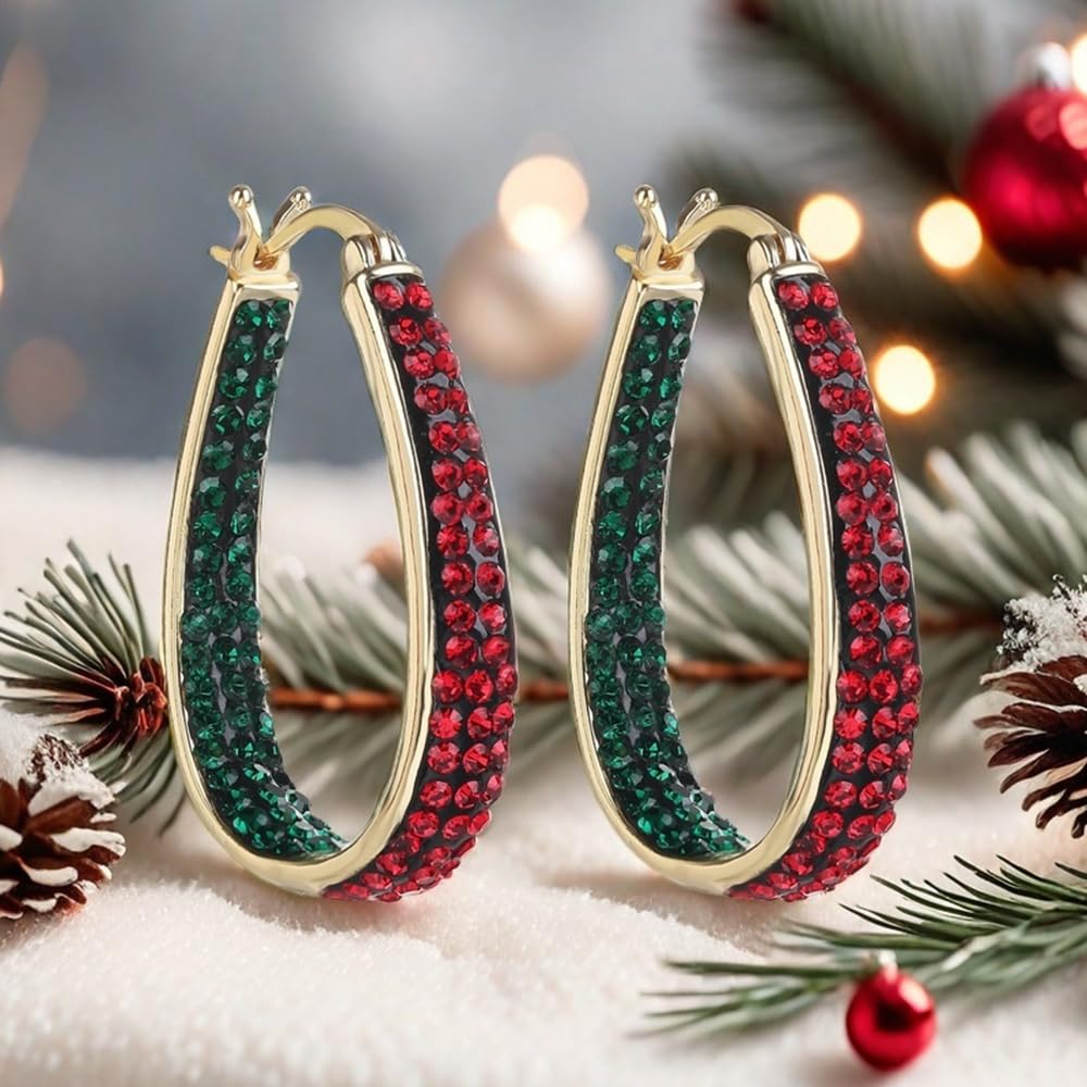 Crystal Hoop Earrings For Women Sparkly Earring Bright Silver Plated Oval Inside Out Earring Jewelry Gift (Christmas color2)
