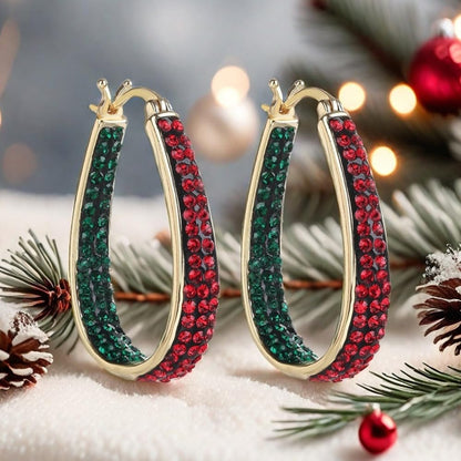 Crystal Hoop Earrings For Women Sparkly Earring Bright Silver Plated Oval Inside Out Earring Jewelry Gift (Christmas color2)