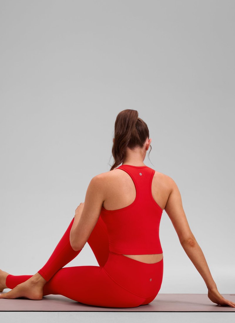CRZ YOGA Seamless Ribbed High Neck Crop Tank Tops for Women - Longline Racerback Padded Sports Bras Deep Red Small