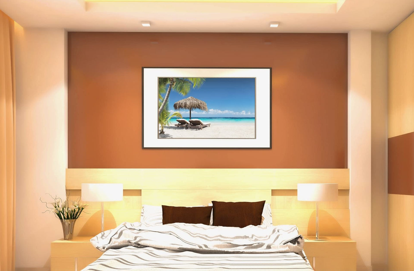 Beach Art Wall Decor Coral Beach Sand Sea Palapa Tropical Palm Tree Photo Sunset Landscape Pictures Ocean Scenic Scenery Nature Photography Paradise Cool Wall Art Print Poster 36x24