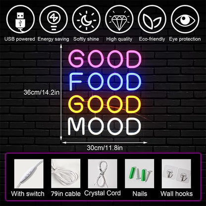 Horseneon Good Food Good Mood Neon LED Sign, Food Neon Signs for Wall Decor, Good Food Good Mood Neon Light with USB Powered for Snack Shop, Restaurant, Fast Food