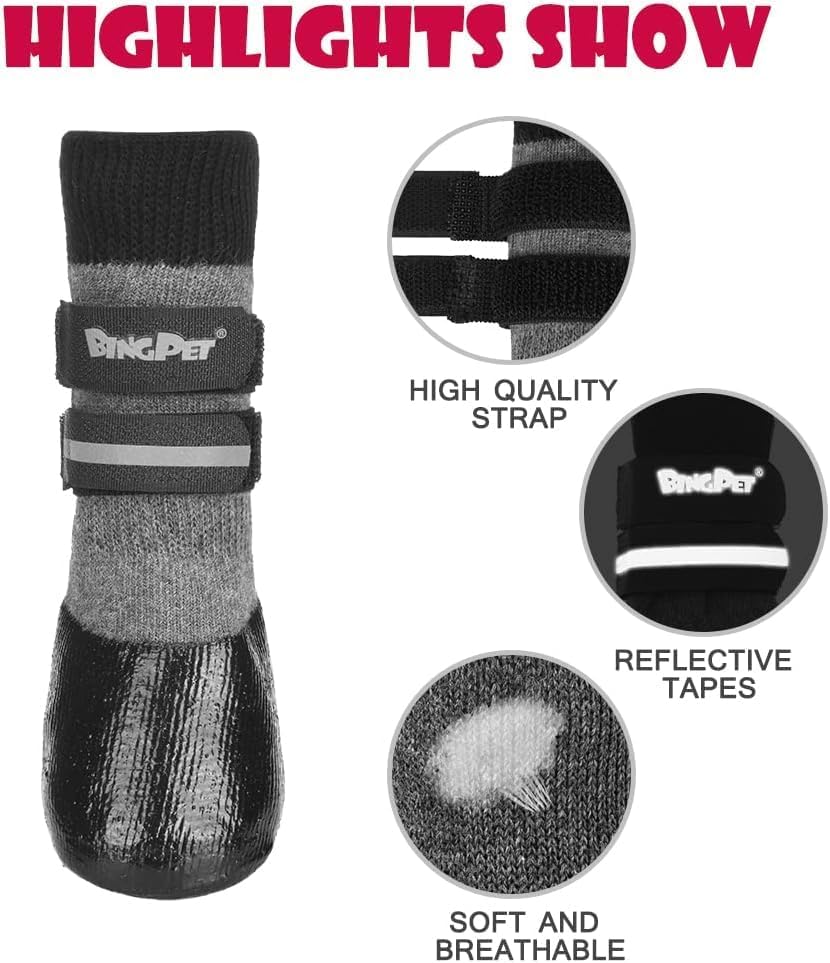 BINGPET Dog Socks Anti-Slip with Straps Paw Protector Traction Control Waterproof for Indoor Outdoor Wear for Medium Dogs