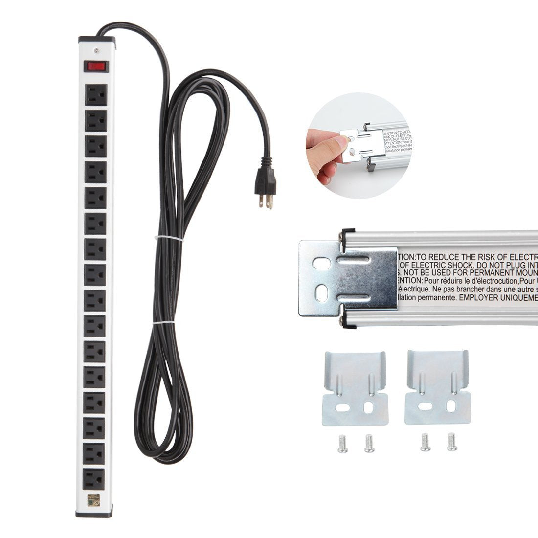 20 Outlet Heavy Duty Metal Socket Power Strip,15-Foot Long Extension Cord with Circuit Breaker. Mounting Brackets Included,Workshop/Industrial use,ETL Certified
