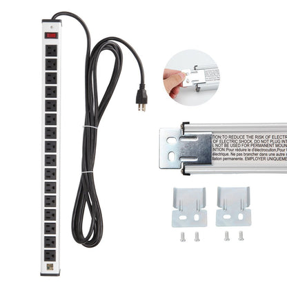 20 Outlet Heavy Duty Metal Socket Power Strip,15-Foot Long Extension Cord with Circuit Breaker. Mounting Brackets Included,Workshop/Industrial use,ETL Certified