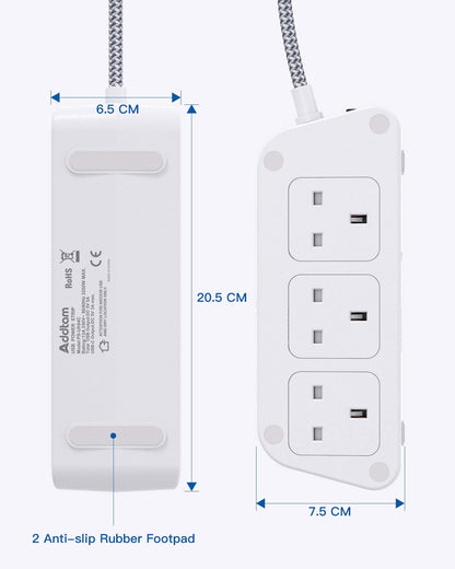 Extension Lead with USB Slots，6 Way Outlets 5 USB(5A, 1 USB- C and 4 USB-A Port) with 1.6M Braided Extension cord, 3250W Overload Protection，Security Surge Protection Plug Extension Socket