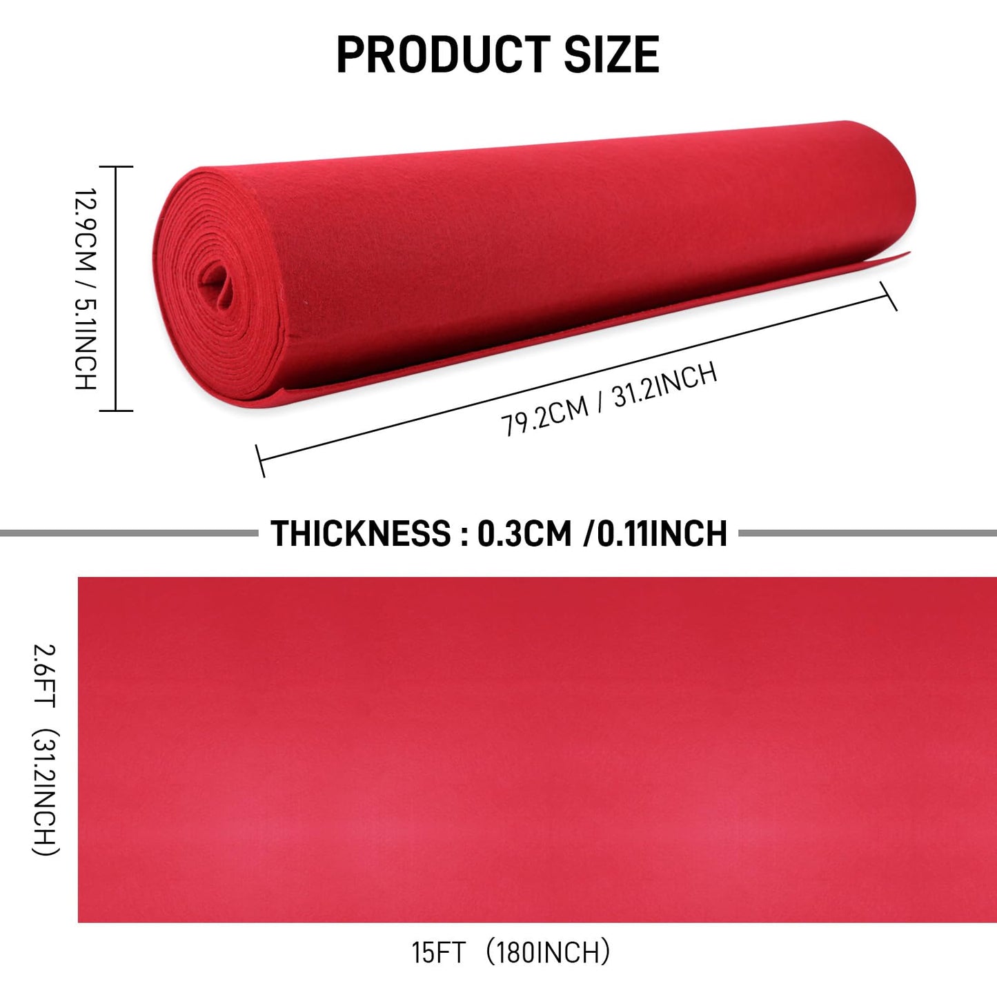 2.6FT×15FT Red Carpet Runner for Party,350 GSM Felt Non-Woven Fabric Extra Thick Non Slip Aisle Rug for Wedding Ceremony and Events Decorations, Movie Theme Party Deco