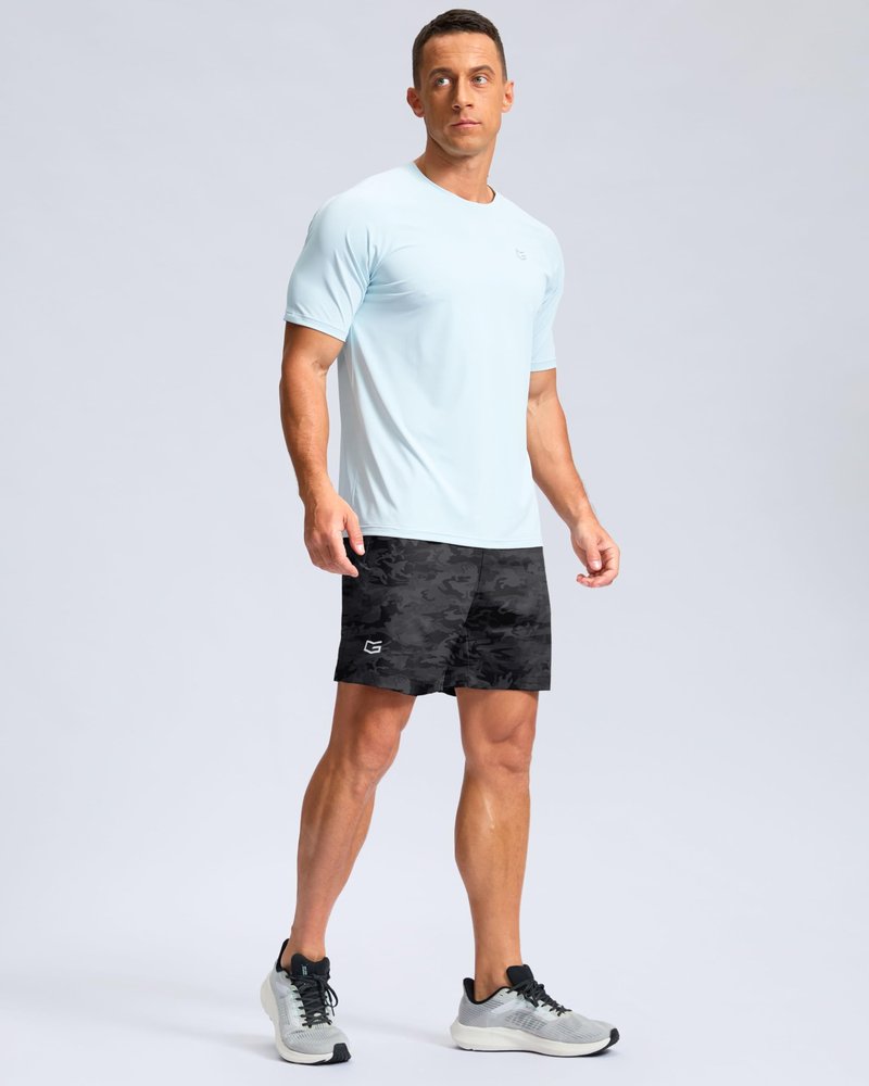 G Gradual Men's Athletic Running Shorts with Zipper Pockets Quick Dry 7"/ 5"/ 9" Workout Gym Shorts for Basketball Hiking(Grey Camo,5L)