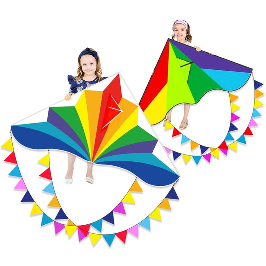 Flying Hoofer Large Rainbow Delta Kites for Kids & Adults,Single Line Beach Kite for Kids Ages 4-8 & 8-12,Easy Fly Kite for Toddlers and Beginners(2 Pack).