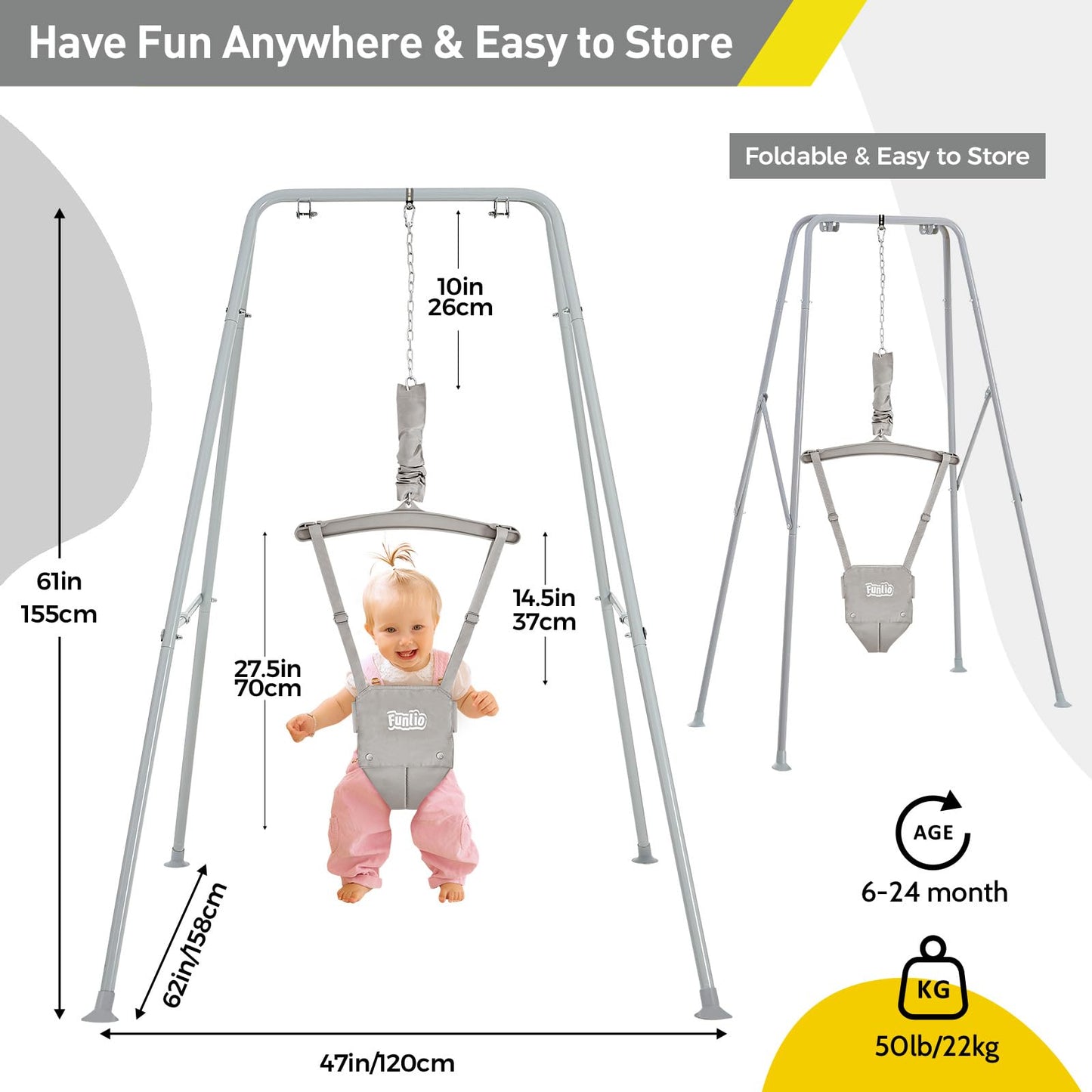 FUNLIO Baby Jumper with Stand for 6-24 Months, Infant/Outdoor Play, Toddler Jumper for Baby Girl/Boy, Adjustable Chain, Easy Assembly & Storage - Grey