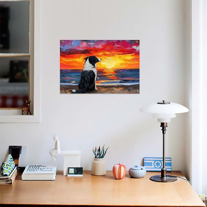 Yesad Dog Wall Art, Border Collie Painting Sunset Beach Canvas Print Impressionist Artwork Colorful Poster Pictures Gift for Dog Lover Wall Décor for Living Room Bedroom (Unframed,12”x8”, Dog1)