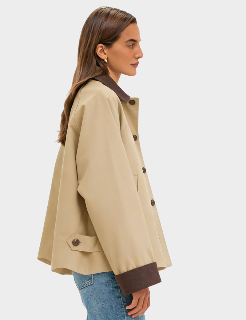 Lviefent Womens Contrast Collar Jacket Casual Button Down Long Sleeves Crop Trench Coat Outerwear with Pockets (Khaki-M)