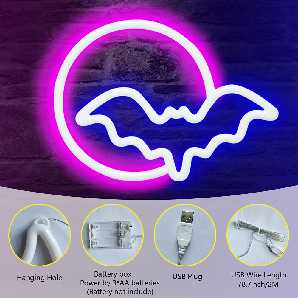 SEMETOR Neon Signs, Moon and Bat LED Neon Lights, Neon Light Sign for Wall USB/Battery Powered Led Neon Sign for wall decor, bedroom, Kids Gift, Living Room, Bar, Party, Christmas, Wedding, Halloween