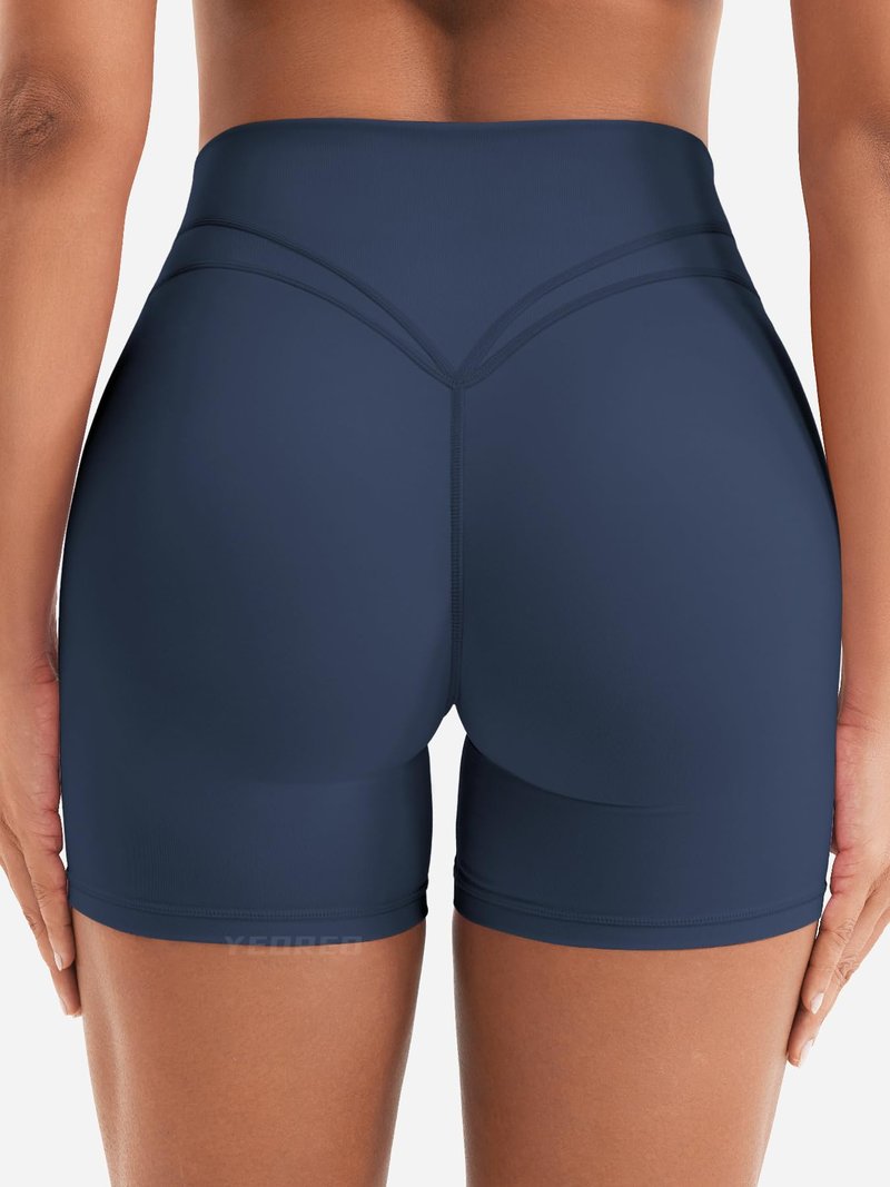 YEOREO Women Workout Yoga Shorts 4.5" No Front Seam Hidden Scrunch Almiy High Rise Buttery Biker Shorts Navy Blue M
