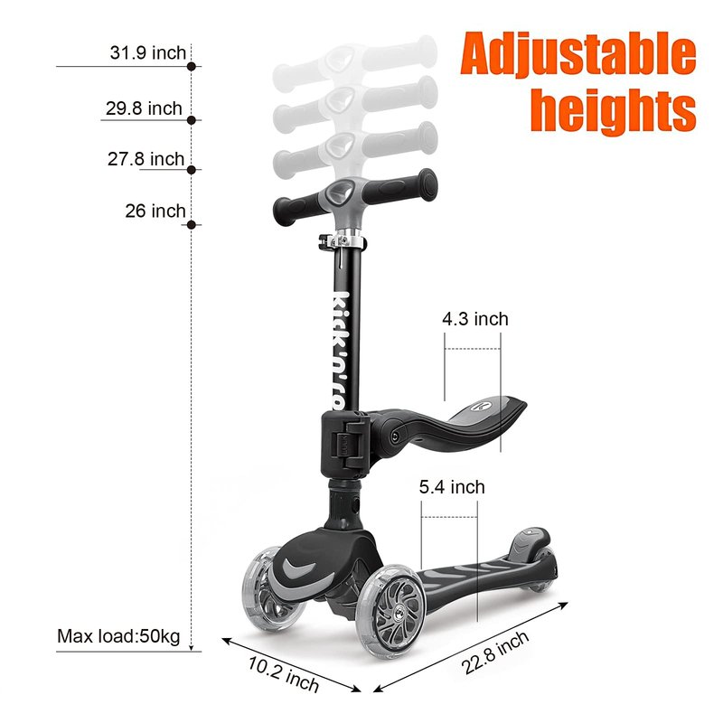 Kicknroll Kids Kick Scooter 2-in-1 Light Up 3 Wheel Scooters with 4 Levels Adjustable Handlebar, Folding Seat, Extra Wide No-Slip Deck for Girls Boys Ages 3-8 Years Old Max 110 Lbs