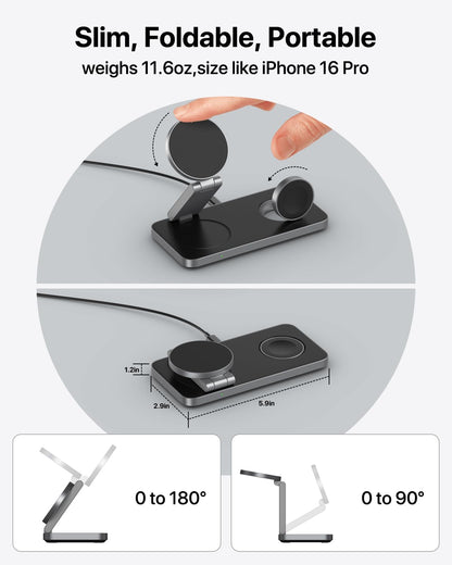 Keepro 3 in 1 Wireless Charging Station for iPhone Magnetic Portable, Fast Wireless Charger Stand for iPhone Air/17/16/15/14/13/12, AirPods Pro 3 2 Apple Watch (Adapter Included)-Black