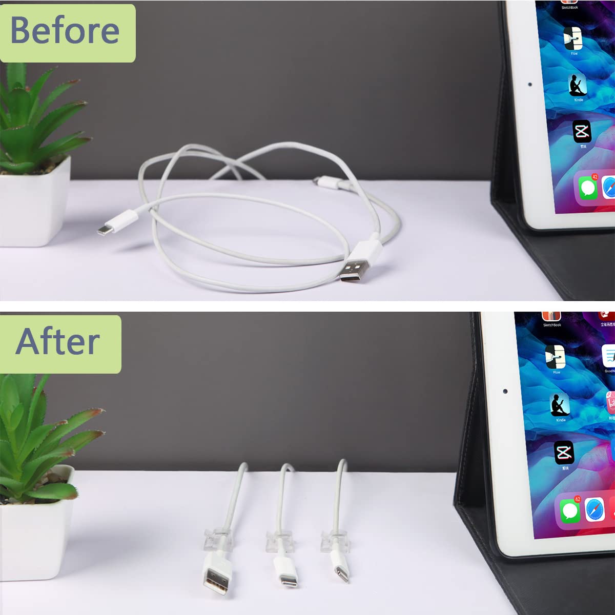 60PCS Cable Clips, KGROTE Outdoor Wire Clips Adhesive Cable Hooks Cord Organizer Holder Christmas Light Clips for Desk, Wall Cable Management, String Lights, Fairy Lights, Decorations Hanging - Clear