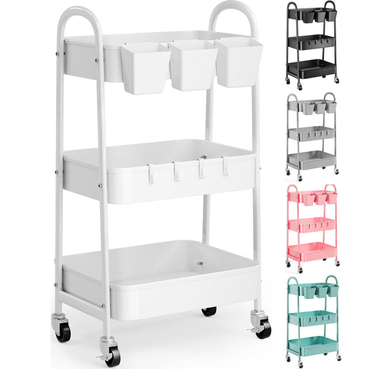 3 Tier Heavy Duty White Metal Rolling Cart with Lockable Wheels, Three Tier Roller Book Snack Cart, Utility Storage Organizer Carts for Kitchen, Bathroom, Garage, Baby Diaper, Craft, Art, Teacher