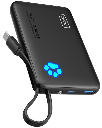 INIU 45W Portable Charger, 10000mAh Built-in USB C Cable Fast Charging Power Bank, Small Type C Battery Pack, Powerbank for iPhone 17 16 15 14, iPad, Samsung S25 S24 etc. Travel Camping Essentials