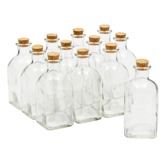 Juvale 12-Pack Mini Glass Bottles with Cork Lids - 4 oz Clear Vintage Square - Wedding Decor & Party Favors - Potion Bottles with Cork & Mini Glass Jars with Lids