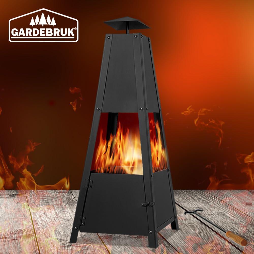 GARDEBRUK® Pyramid Fire Pit | Smoke Outlet | Garden Patio Heater with Lockable Door | Firm Stand | Wood Charcoal Fire Basket Chimenea with Poker | 102cm / 40' | 5kg | Black