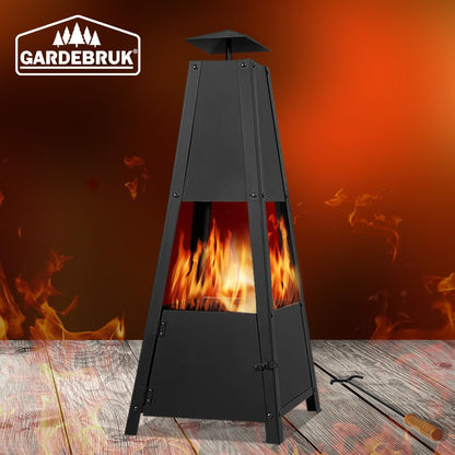 GARDEBRUK® Pyramid Fire Pit | Smoke Outlet | Garden Patio Heater with Lockable Door | Firm Stand | Wood Charcoal Fire Basket Chimenea with Poker | 102cm / 40' | 5kg | Black