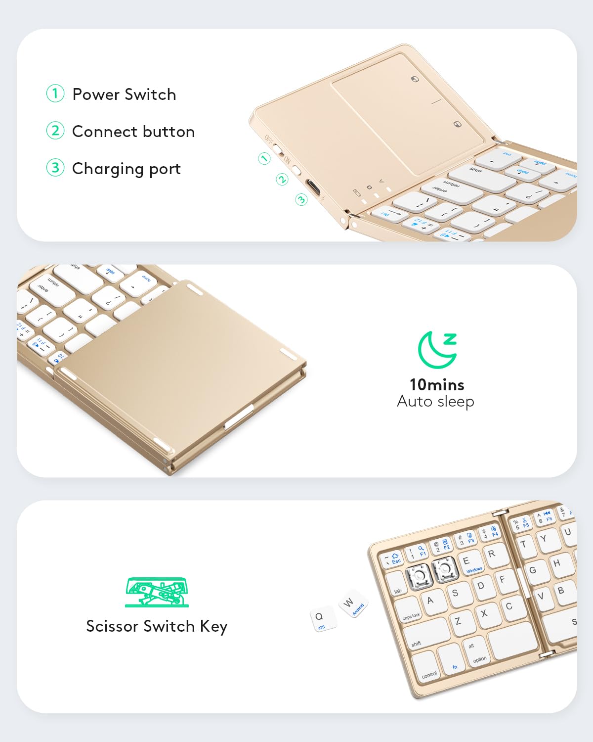 Samsers Foldable Bluetooth Keyboard with Touchpad - Portable Wireless Keyboard with Holder, Rechargeable Full Size Ultra Slim Pocket Folding Keyboards for Android Windows iOS Tablet & Laptop - Black