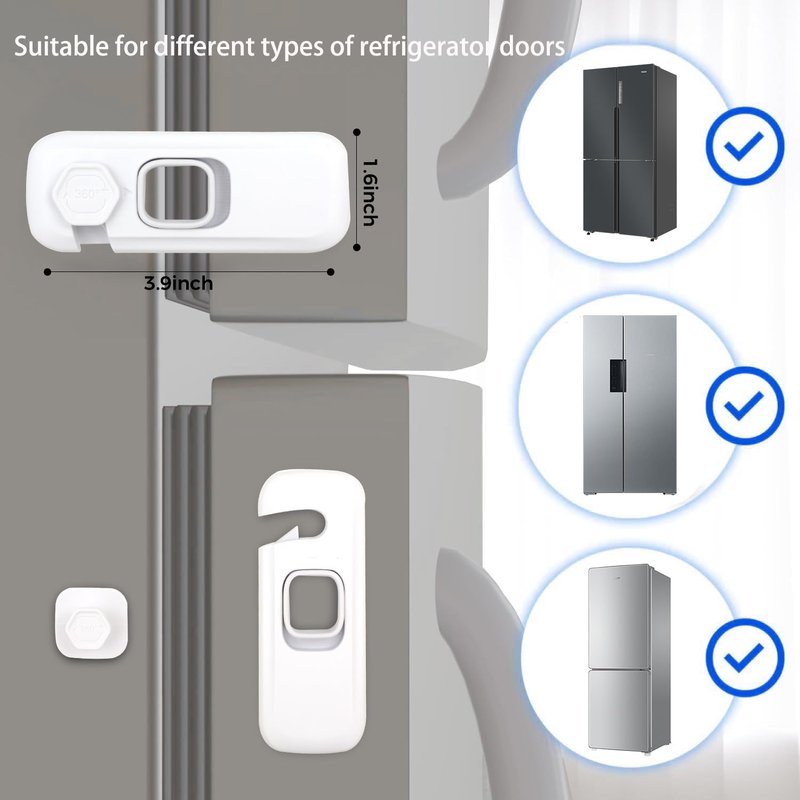 Fridge Child Lock for Refrigerator, Freezer and Cabinet, 2 Pack Adhesive Baby Proof Latches, White