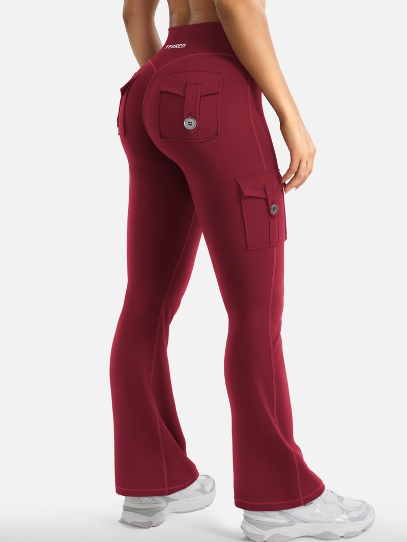 YEOREO CoreFlex Women Workout Flare Leggings with Pockets Scrunch Cargo Gym Yoga Leggings Wine XS