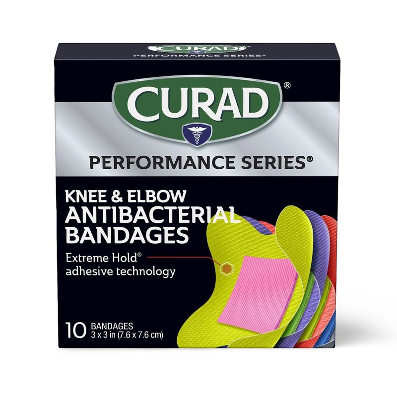 CURAD Performance Series Antibacterial Bandages, Elbows and Knees, 3" x 3", 30 Count