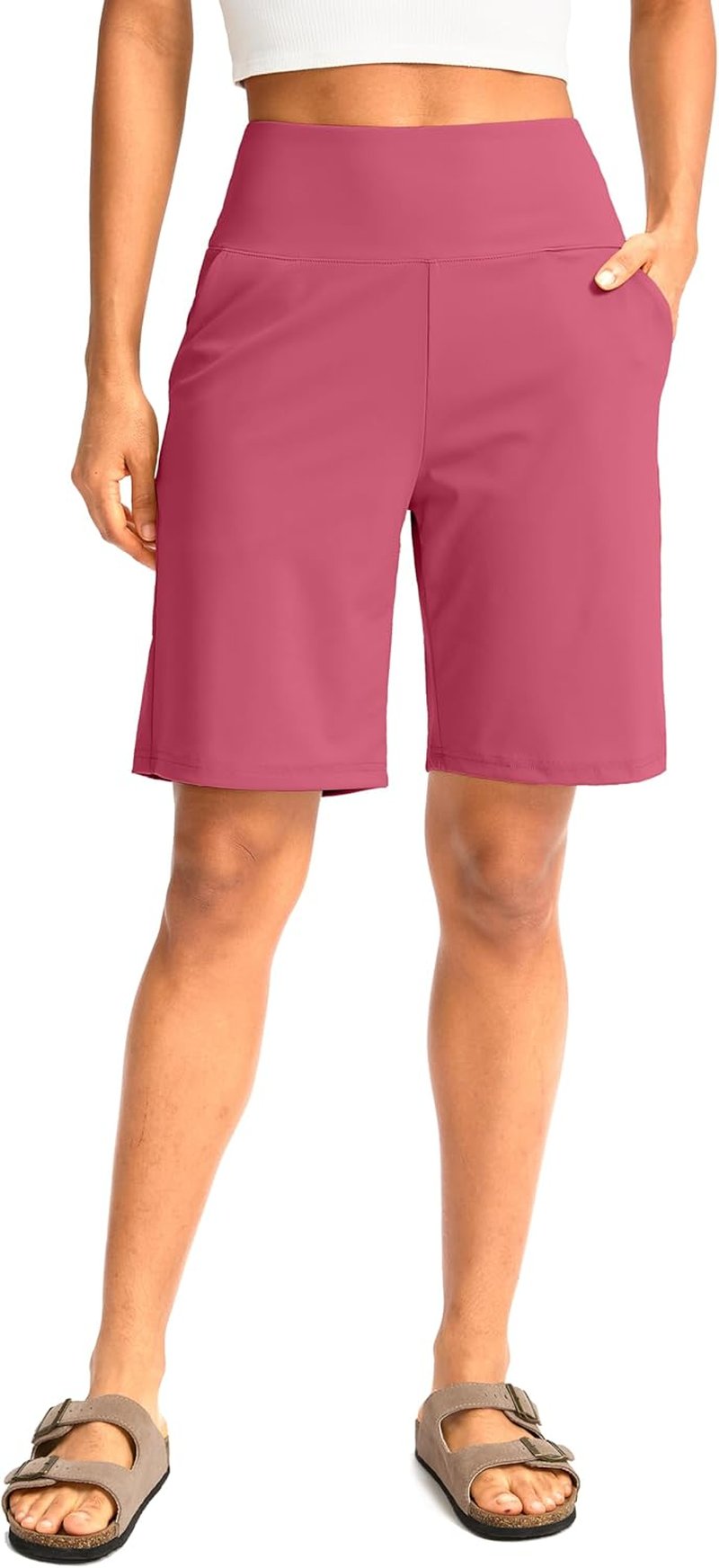 Women's Bermuda Long Shorts - High Waisted 9" Knee Length with Pockets for Athletic Walking & Workouts