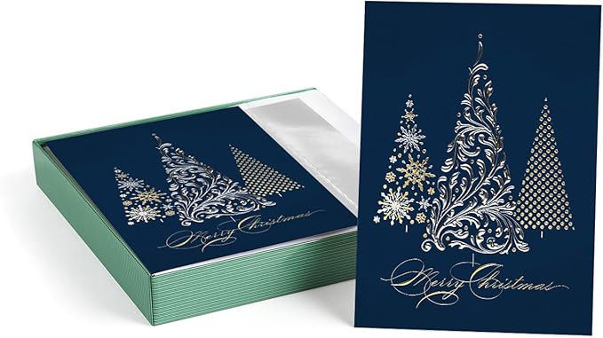 Masterpiece Metallic Christmas 3 Foil Trees Cards / 16 Boxed Winter Holiday Cards With Silver Foil Lined Envelopes / 5 5/8" x 7 7/8" Folded Merry Christmas Greeting Cards With Inside Verse