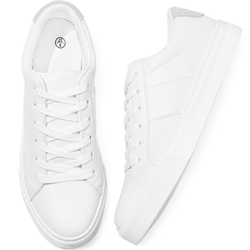 Adokoo Women's Fashion Sneakers PU Leather Casual Shoes White Tennis Low Top Shoes Womens Lace Up Sneakers(White,US8)